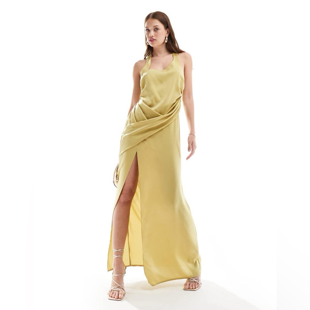 SATIN HALTER CROSSOVER SKIRT MAXI DRESS IN LIGHT OLIVE-GREEN